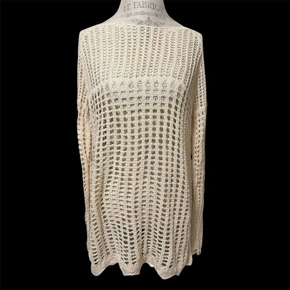 Crystal Kobe Boho Crochet Tunic Sweater Cream Minimalist Asymmetrical Hem Large - Picture 2 of 9